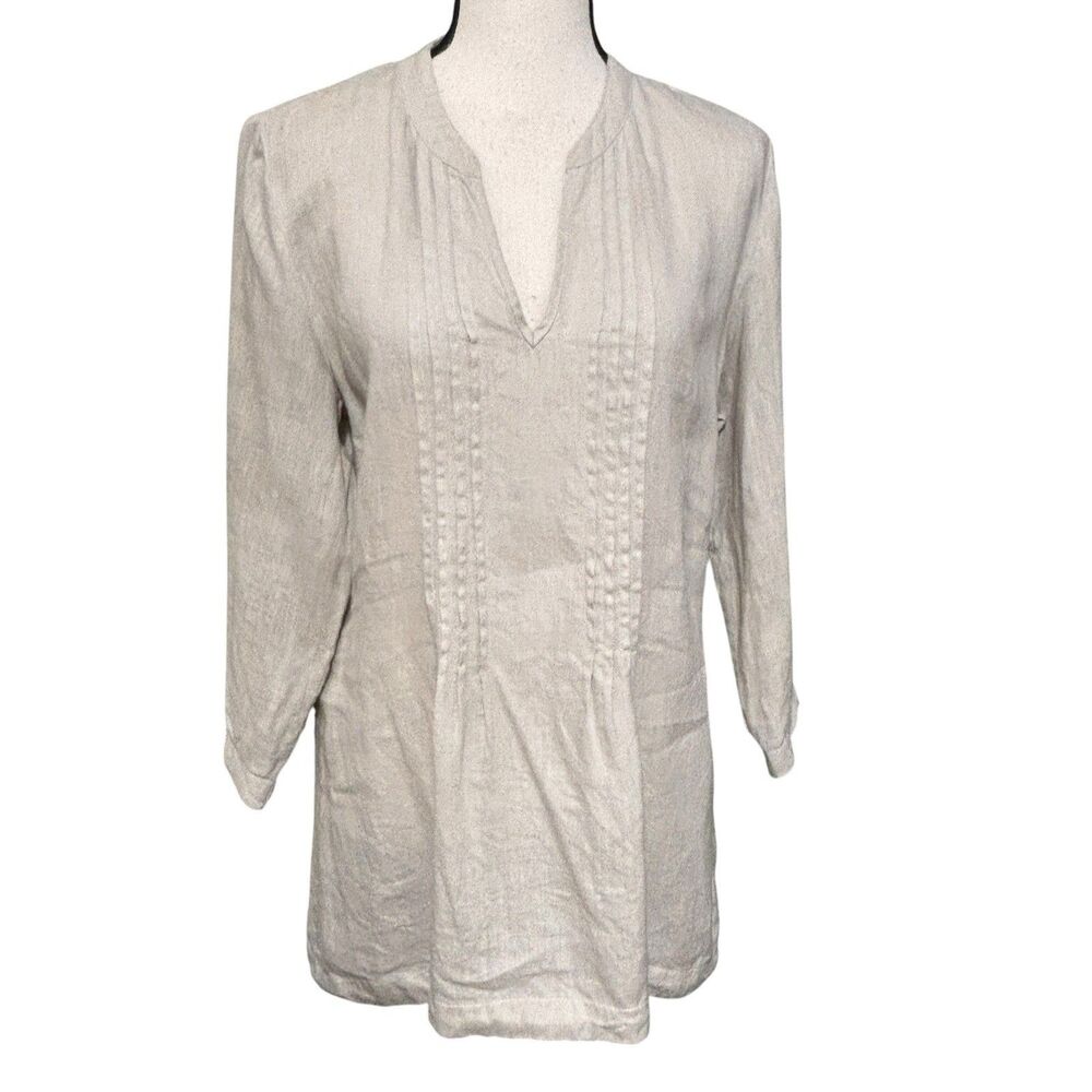 Cynthia Rowley Pintuck Pleated 100% Linen Tunic Top Sz M Beige V-Neck